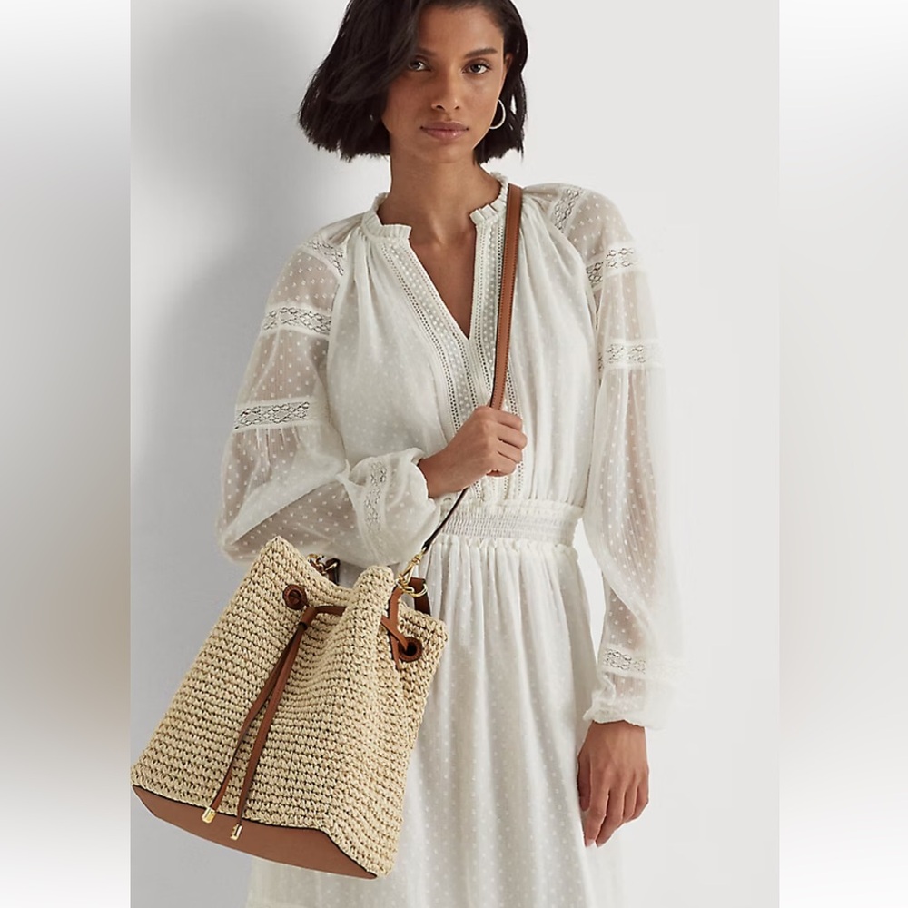 🍷☀️Ralph Lauren Crochet-Straw Debby Drawstring Bag - Picture 2 of 13